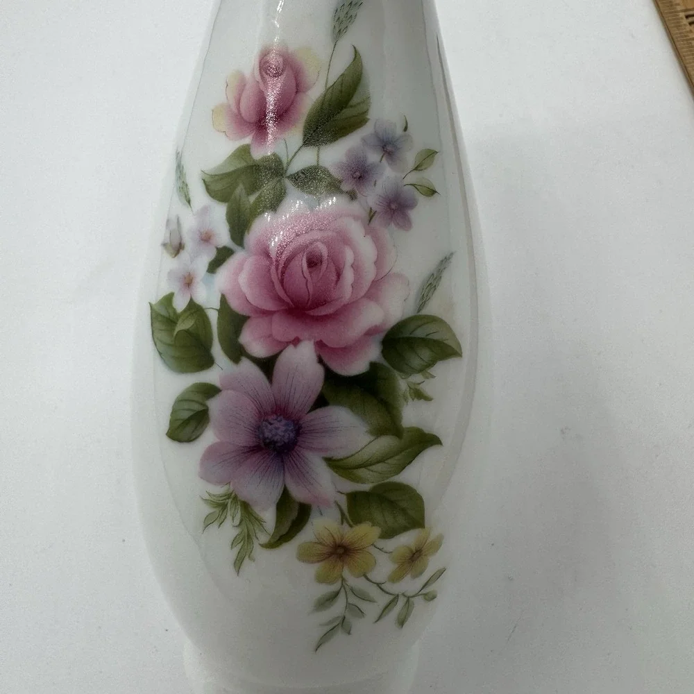 Vintage Floral White Porcelain Bud Vase Transferware MCM Taiwan Cottagecore